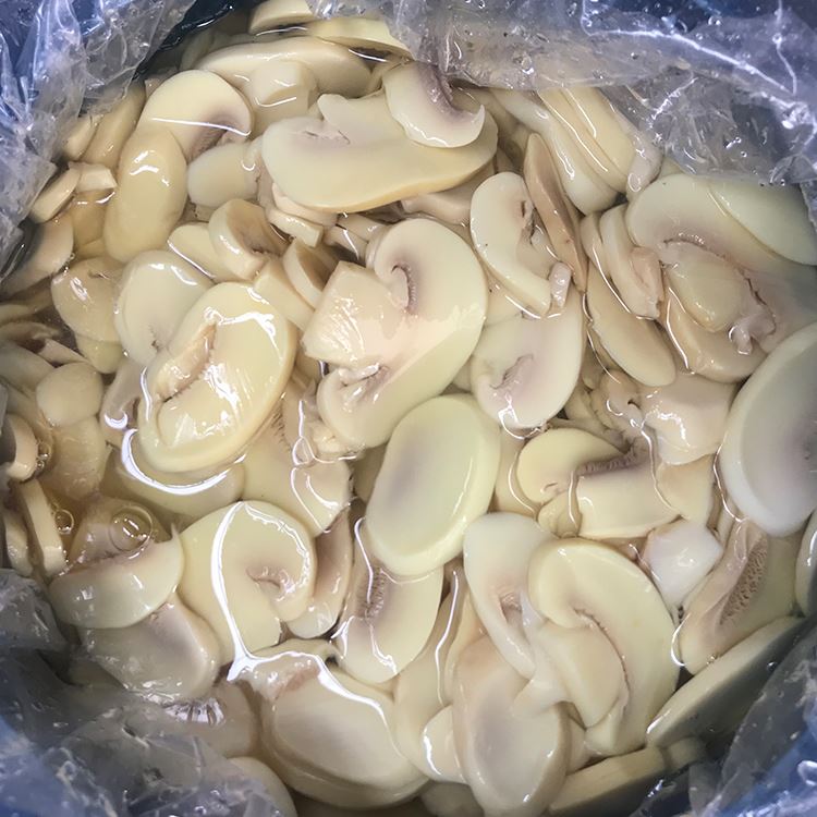 Sliced white champignon mushroom in salted water in drums